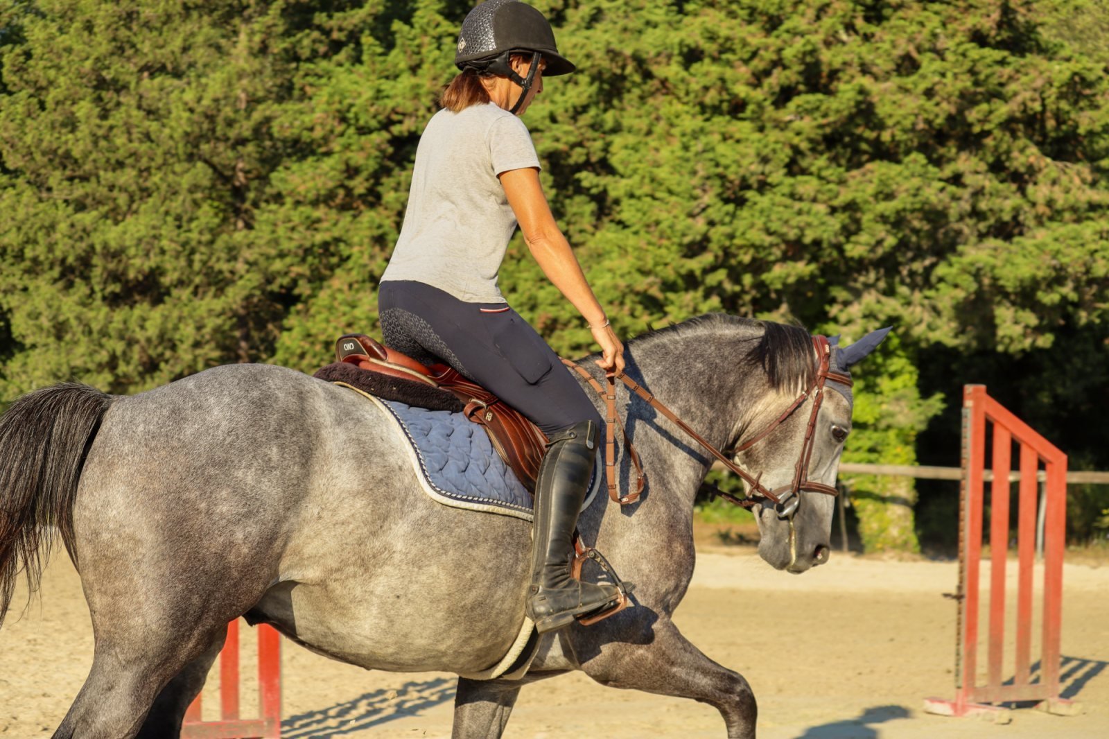 Claire PÉAN à cheval en carrière, au travail sur un obstacle